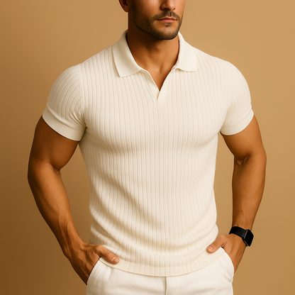 Men's Tailored Polo Shirt with V-Neck and Short Sleeves - Cotton, Casual Fit, Available in Various Colors