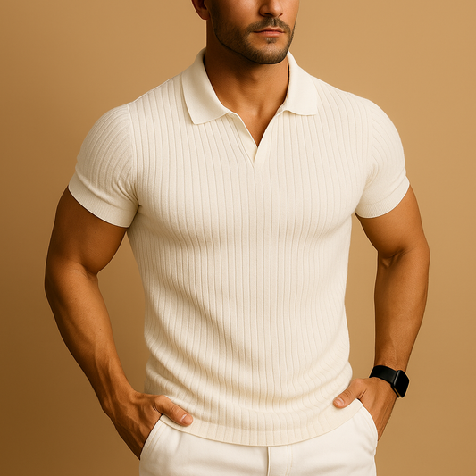 Men's Tailored Polo Shirt with V-Neck and Short Sleeves - Cotton, Casual Fit, Available in Various Colors