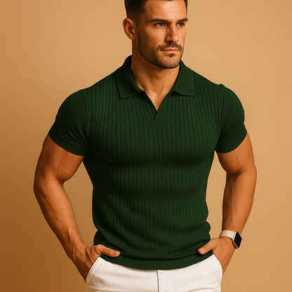 Men's Tailored Polo Shirt with V-Neck and Short Sleeves - Cotton, Casual Fit, Available in Various Colors