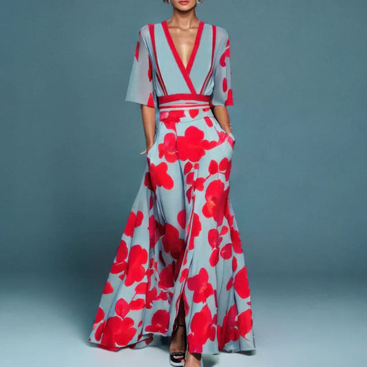 Maxi Dress | Floral Pattern, V-Neck & Three-Quarter Sleeves for Daytime and Evening Events