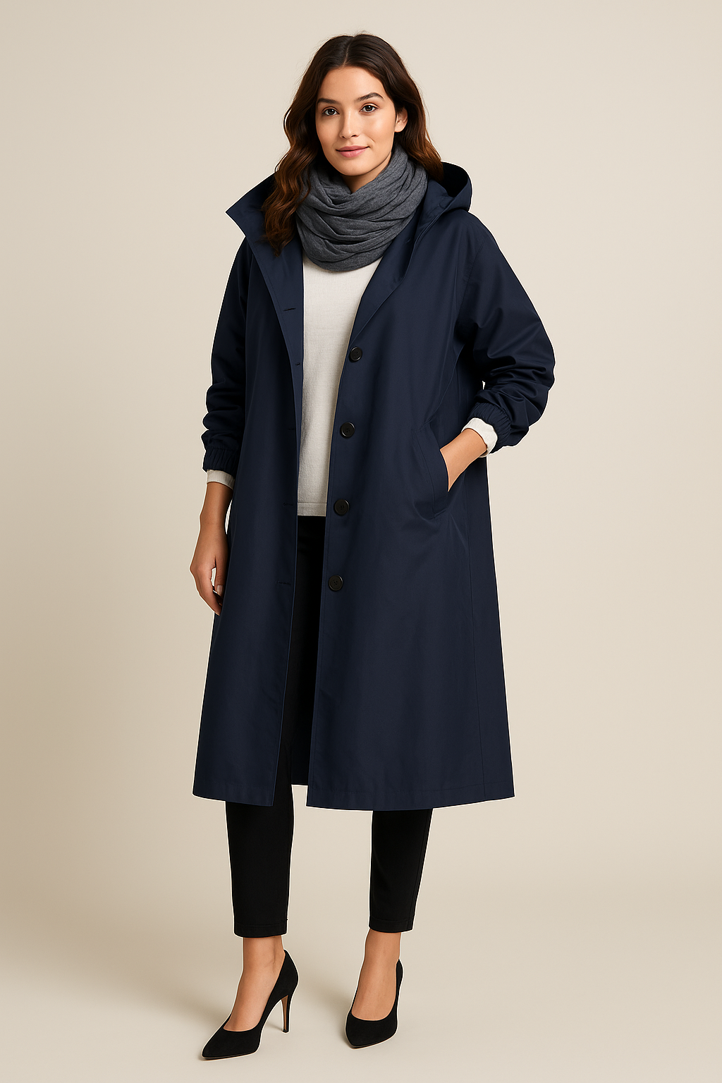 Women's Hooded Long Trench Coat with Pockets - Stylish Waterproof Outerwear for All Seasons
