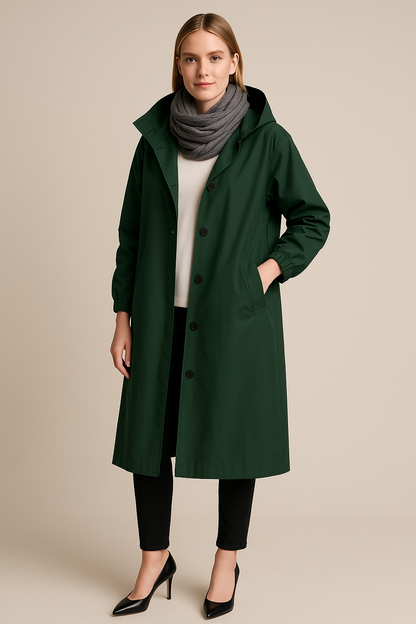 Women's Hooded Long Trench Coat with Pockets - Stylish Waterproof Outerwear for All Seasons